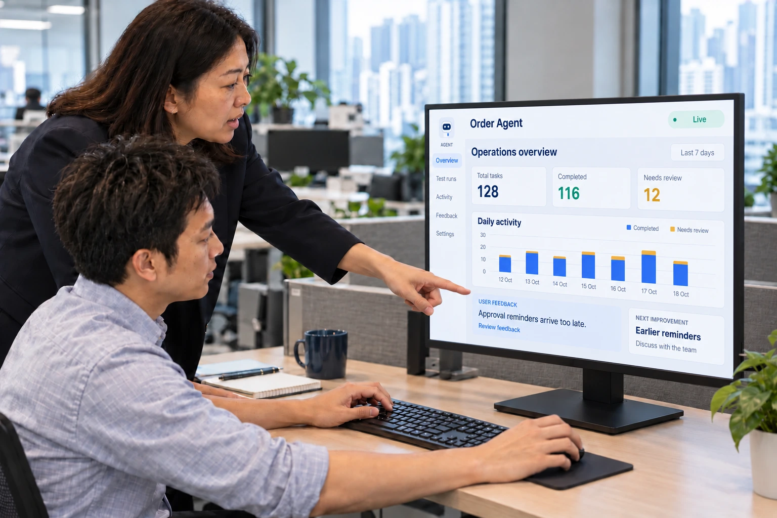 Illustrative service scene: the business owner and engineer review an Agent operations dashboard with seven-day task totals, completed and review counts, daily activity, and user feedback to identify improvements.