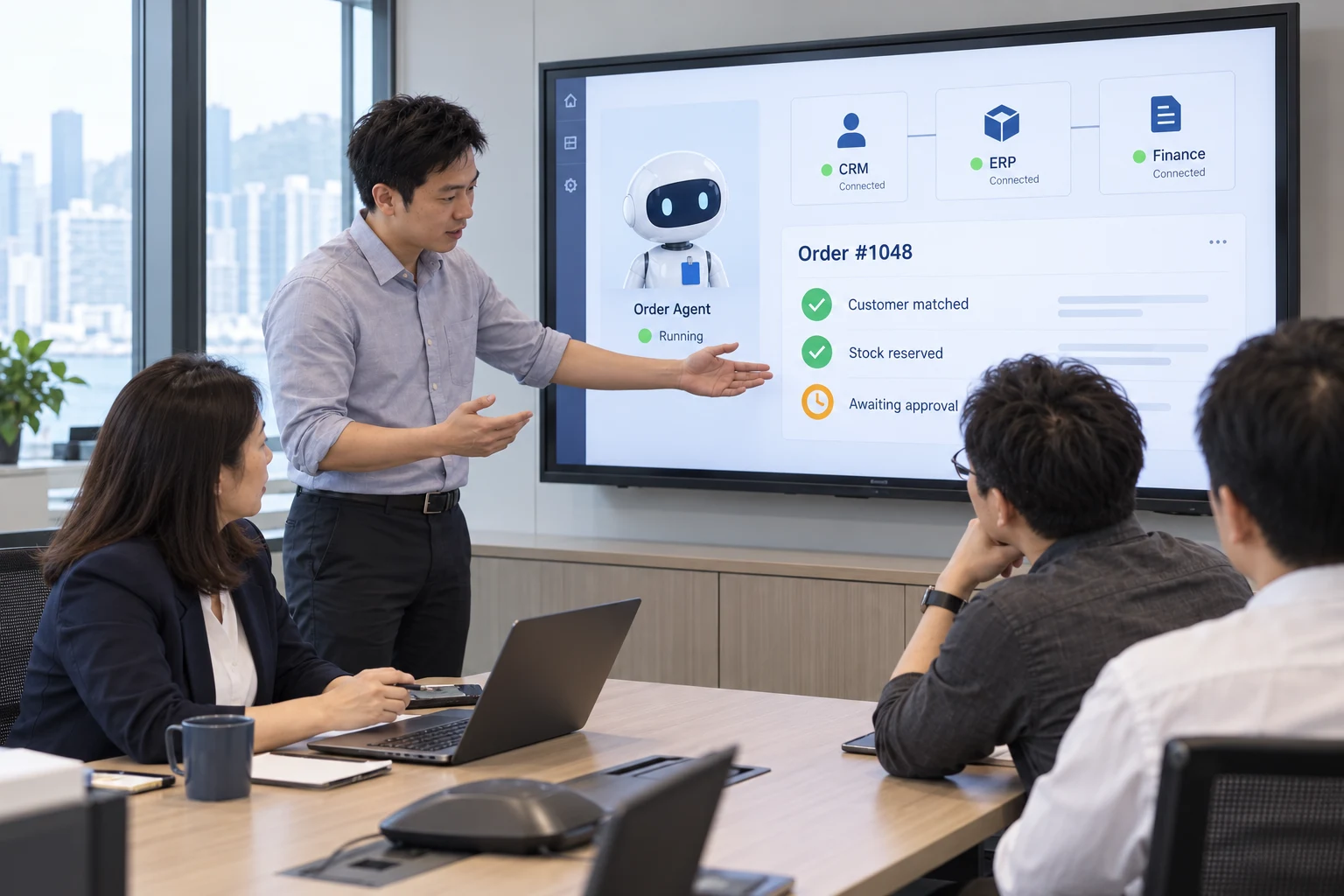Illustrative service scene: the pale-blue-shirt engineer presents an Agent connected to CRM, ERP, and finance systems; the display shows an order with its customer matched, stock reserved, and approval pending.