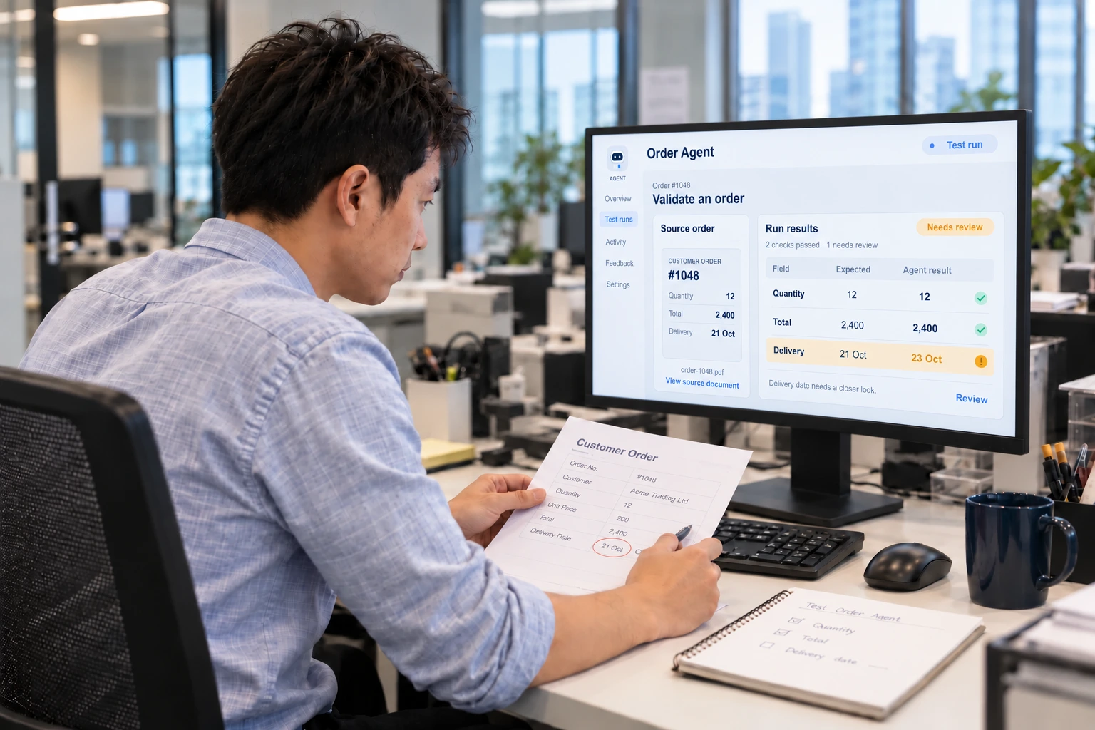 Illustrative service scene: the engineer checks an original order in a business Agent workspace showing source data and test results; quantity and total match, while a delivery-date discrepancy is flagged for review.