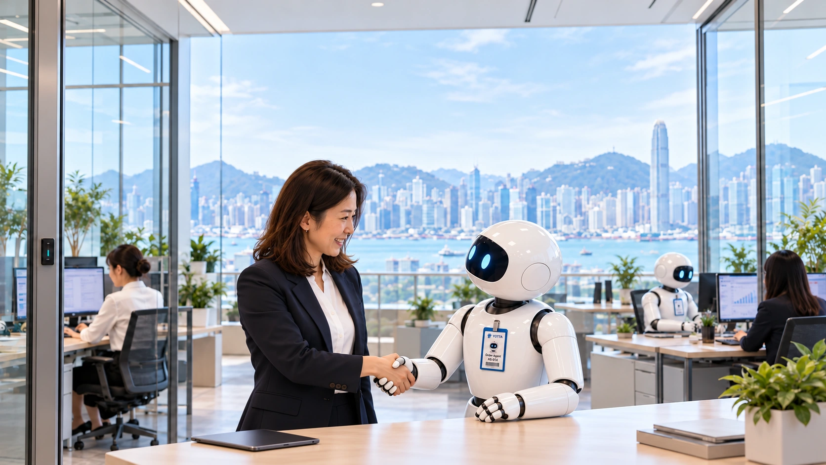 Illustrative workplace: a smiling manager and a badge-wearing Agent shake hands beside glass-partitioned work areas, while colleagues and another Agent work nearby.