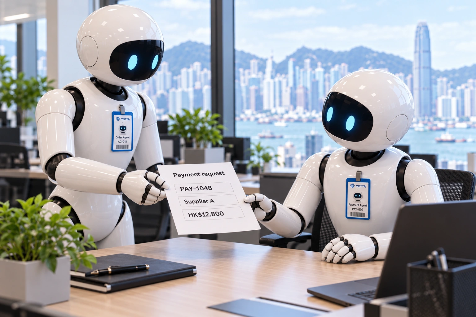 Order Agent AG-014 hands payment request PAY-1048 for HK$12,800 to Payment Agent PAY-007. Both agents wear distinct identity badges.