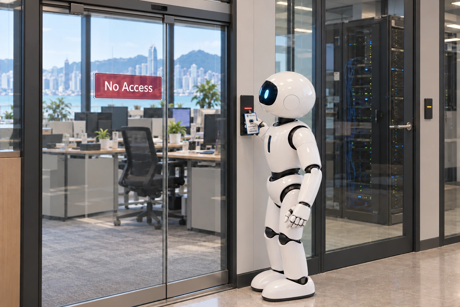 The Agent remains outside a closed sliding glass door displaying No Access, with a red light on the badge reader