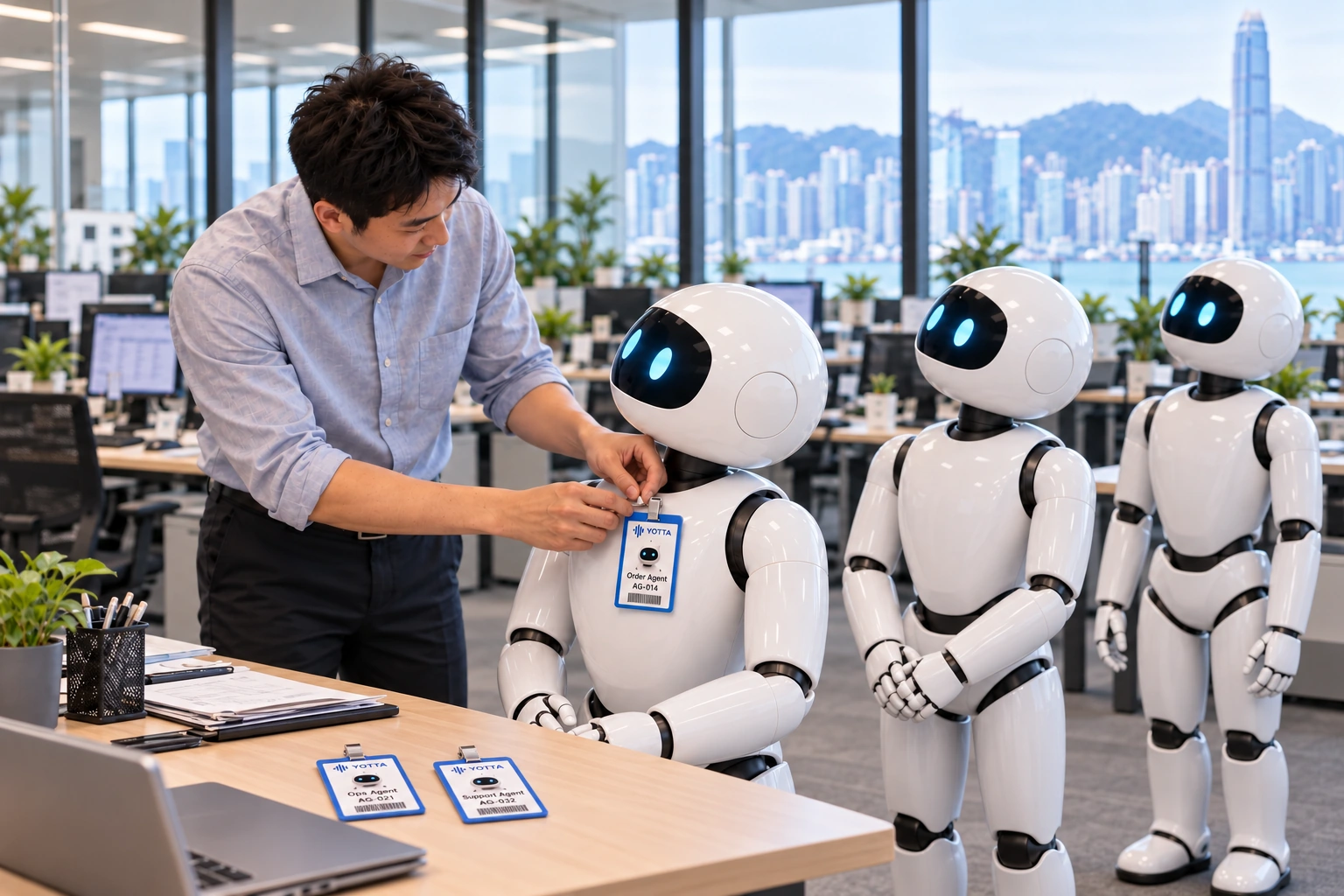 Identity registration scene: an engineer in a pale blue shirt clips a badge to the Order Agent at the front of a queue, while two other robots representing software agents wait for their own badges.